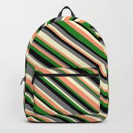 [ Thumbnail: Eye-catching Gray, Light Yellow, Light Salmon, Forest Green & Black Colored Striped Pattern Backpack ]