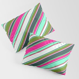 [ Thumbnail: Vibrant Deep Pink, Mint Cream, Dark Slate Gray, Aquamarine, and Green Colored Lines/Stripes Pattern Pillow Sham ]