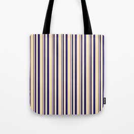 [ Thumbnail: Midnight Blue and Beige Colored Lines Pattern Tote Bag ]