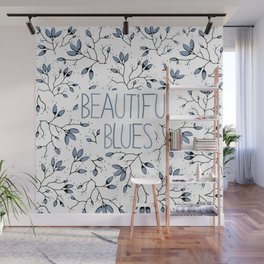 Blue blossom branch pattern on a white background  Wall Mural