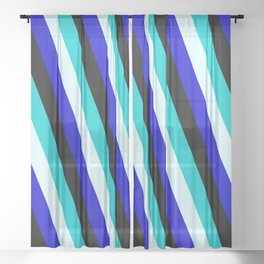 [ Thumbnail: Dark Turquoise, Light Cyan, Blue, and Black Colored Striped/Lined Pattern Sheer Curtain ]