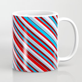 [ Thumbnail: Eyecatching Sky Blue, Dark Red, Deep Sky Blue, Red & Lavender Colored Lines/Stripes Pattern Coffee Mug ]