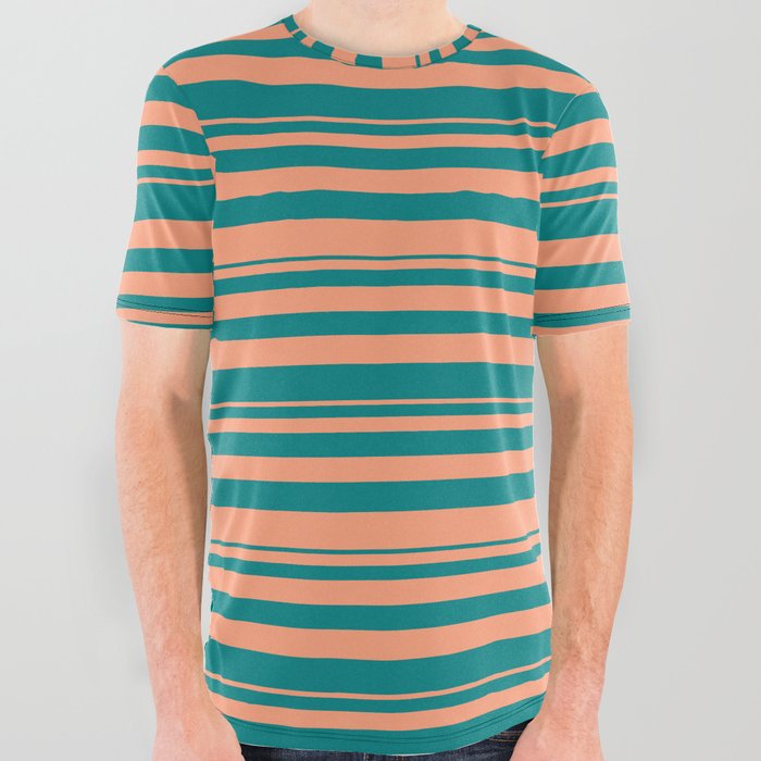 Light Salmon & Teal Colored Stripes/Lines Pattern All Over Graphic Tee