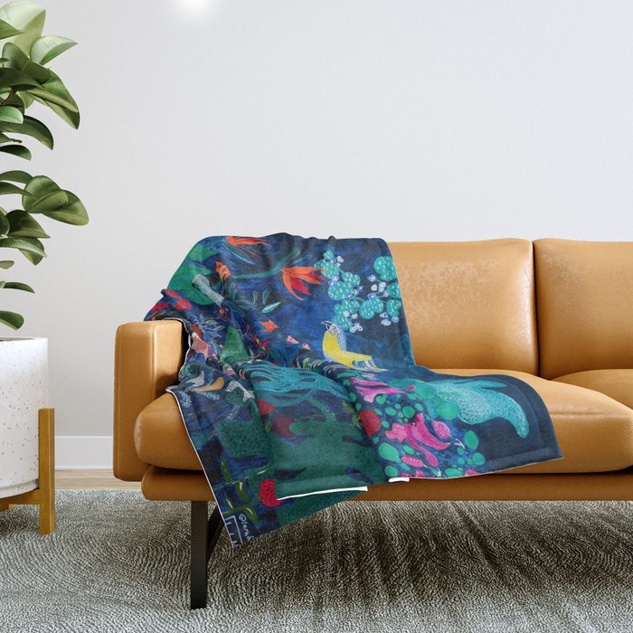 Brightly Rainbow Tropical Jungle Mural with Birds and Tiny Big Cats Throw Blanket