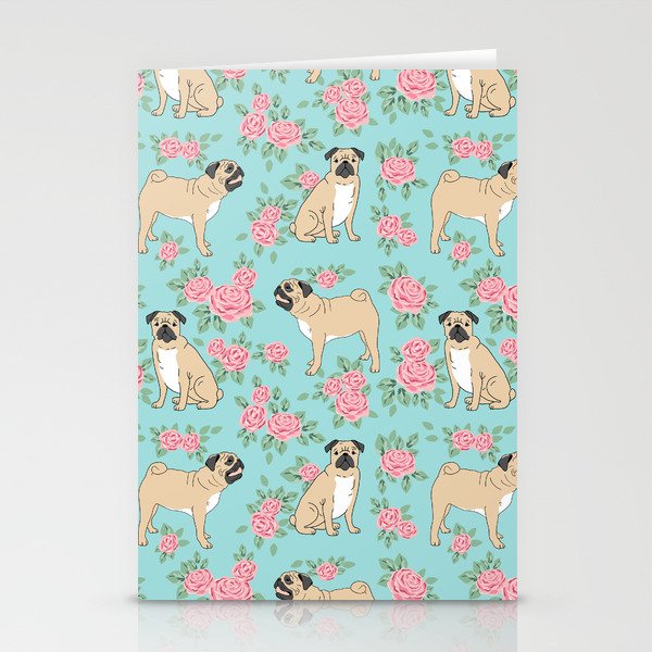 Pug florals pattern minimal modern pet friendly dog breed custom pet art Stationery Cards