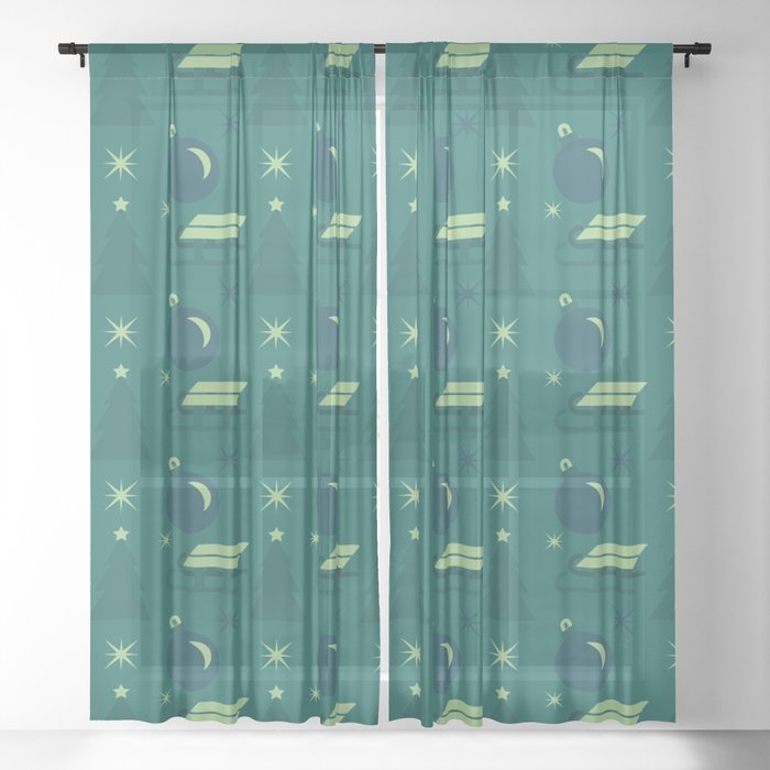 Christmas Vintage Green Blue Sleigh Sheer Curtain