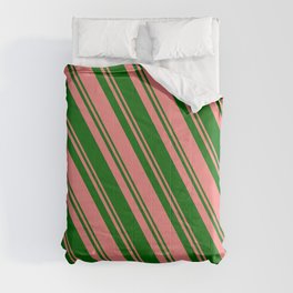 [ Thumbnail: Light Coral and Dark Green Colored Lines Pattern Comforter ]