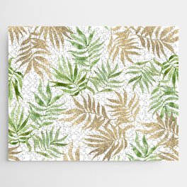 Tropical gold green watercolor palm tree foliage Jigsaw Puzzle