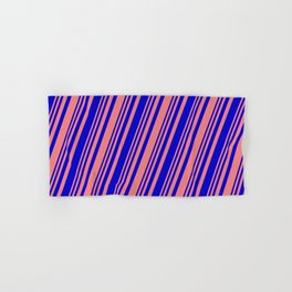 [ Thumbnail: Light Coral & Blue Colored Lines/Stripes Pattern Hand & Bath Towel ]