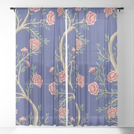 Vintage garden rose flower tree floral seamless pattern blue background. Exotic chinoiserie hand drawn.  Sheer Curtain