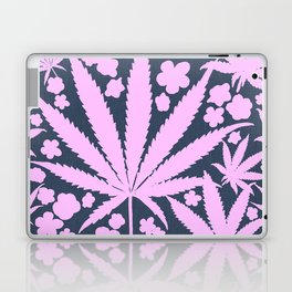 Modern Retro Cannabis And Flowers Pink On Navy Laptop Skin