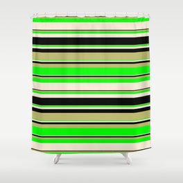 [ Thumbnail: Dark Khaki, Lime, Beige, and Black Colored Striped Pattern Shower Curtain ]