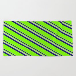[ Thumbnail: Grey, Midnight Blue, and Green Colored Lined/Striped Pattern Beach Towel ]