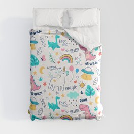 Cute Be Wild & Magical Doodle Illustration Unicorns Rainbows and Dinosaurs Pattern Comforter