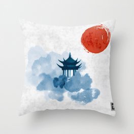 Blue pagoda temple, red sun and forest trees. Traditional oriental ink painting sumi-e, u-sin, go-hu Throw Pillow