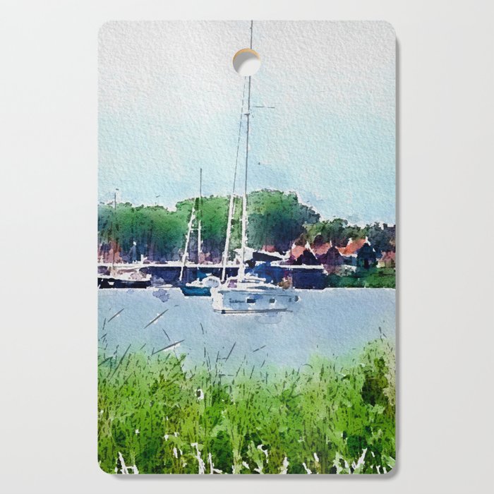 Watercolor Sail Boat Digital Art Painting Cutting Board