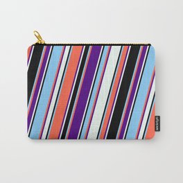 [ Thumbnail: Eyecatching Red, Indigo, Mint Cream, Black, and Light Sky Blue Colored Pattern of Stripes Carry-All Pouch ]