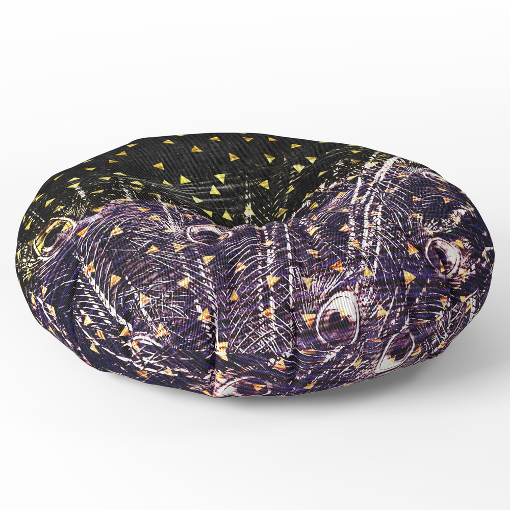 Ultra Violet Peacock Feathers on Gold and Black Round Floor Pillow - x 26