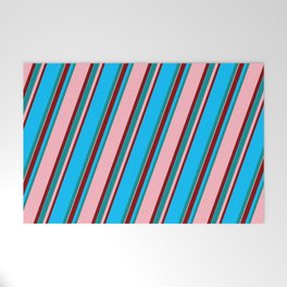 [ Thumbnail: Dark Cyan, Light Pink, Maroon & Deep Sky Blue Colored Lined Pattern Welcome Mat ]