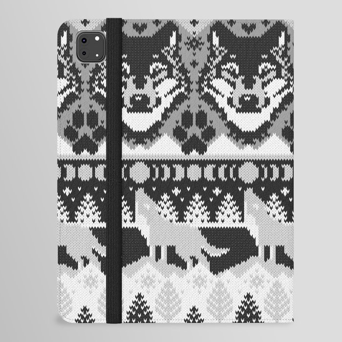 Fair isle knitting grey wolf // black and white wolves moons and pine trees iPad Folio Case