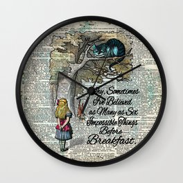 Vintage Alice in Wonderland and Cheshire cat dictionary art background Wall Clock