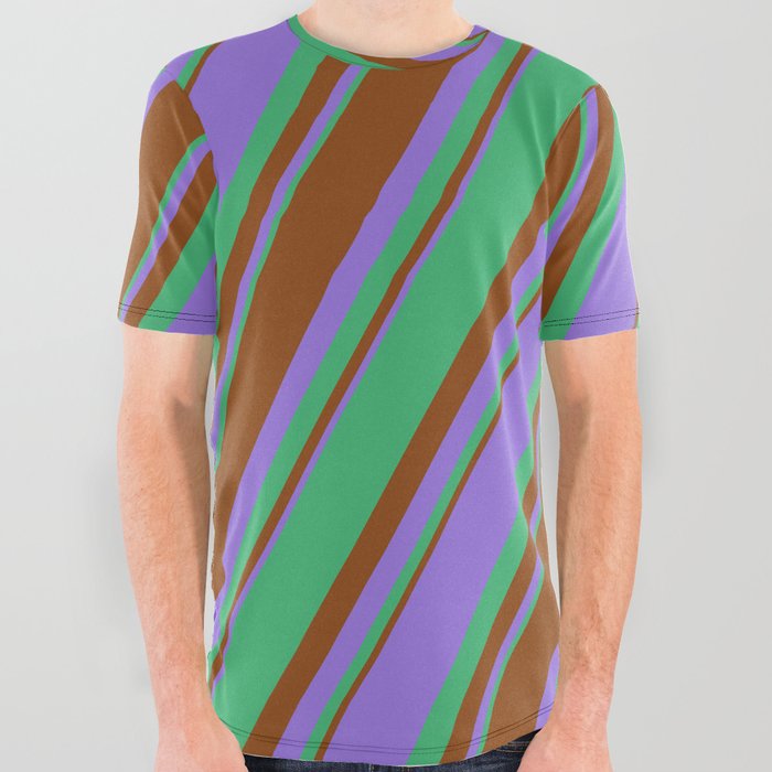 Purple, Sea Green & Brown Colored Lined/Striped Pattern All Over Graphic Tee