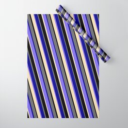 [ Thumbnail: Vibrant Dim Grey, Dark Blue, Medium Slate Blue, Tan & Black Colored Striped Pattern Wrapping Paper ]