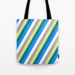[ Thumbnail: Eye-catching Tan, Teal, Blue, White & Dark Gray Colored Striped/Lined Pattern Tote Bag ]