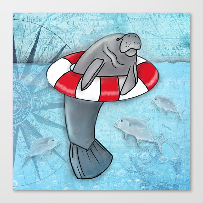 Manatee in a Swim Ring Canvas Print