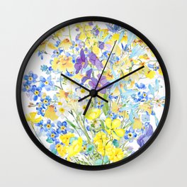 purple blue and yellow flowers bouquet watercolor   Wall Clock