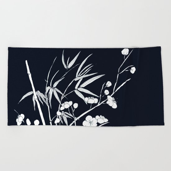 bamboo and plum flower white on black Beach Towel