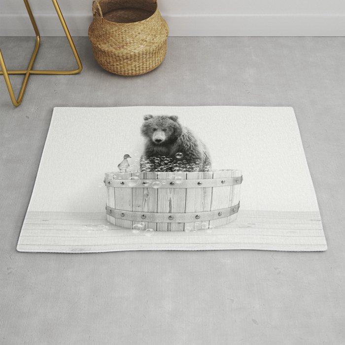 Bear in Wooden Bathtub, Bear and Duckling, Black and White, Bathtub Animal Art Print By Synplus Rug