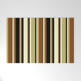 [ Thumbnail: Dark Khaki, Brown, Black, and Light Yellow Colored Stripes Pattern Welcome Mat ]
