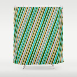 [ Thumbnail: Light Pink, Dark Turquoise, Brown & Dark Green Colored Lines Pattern Shower Curtain ]