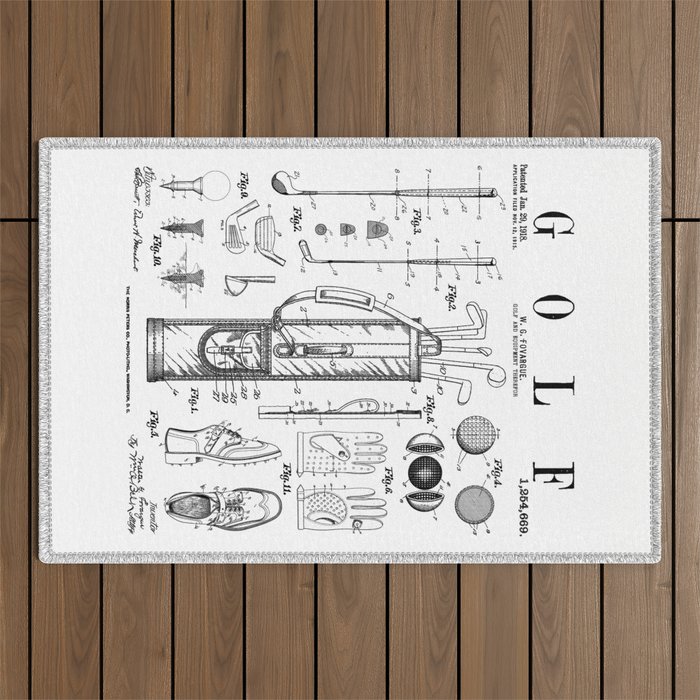 Golf Club Golfer Old Vintage Patent Drawing Print Outdoor Rug
