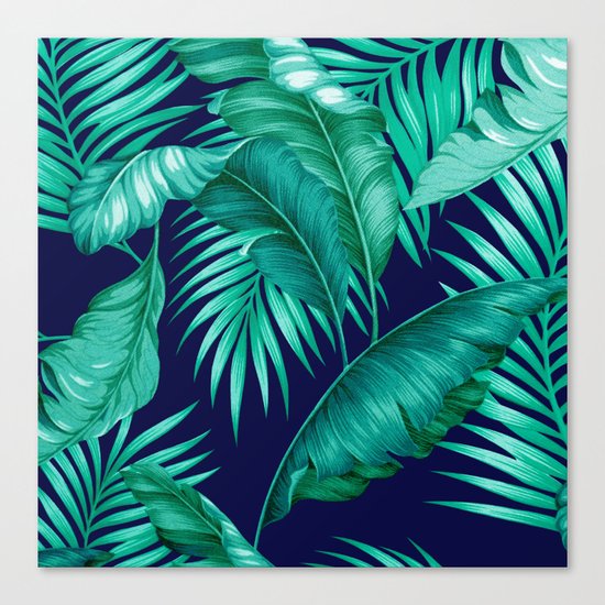 HAWAIIAN GARDEN TROPICAL LEAVES | turquoise navy Canvas Print