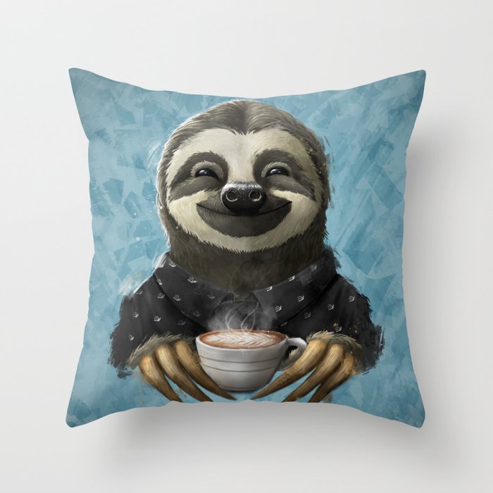 Sloth smilling with coffee latte Throw Pillow