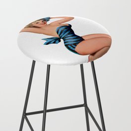 Blonde Pin Up With Black And Blue Dress And Barefoot Shoes Bar Stool