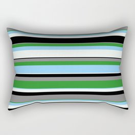 [ Thumbnail: Gray, Forest Green, Light Sky Blue, Mint Cream & Black Colored Lines/Stripes Pattern Rectangular Pillow ]