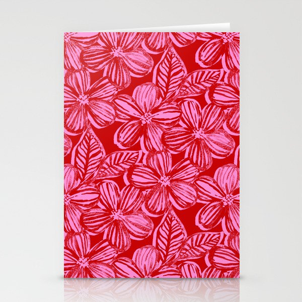 Bold Textured Cherry Red and Pink Linework Floral Stationery Cards
