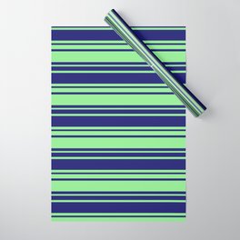 [ Thumbnail: Midnight Blue and Light Green Colored Striped/Lined Pattern Wrapping Paper ]