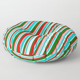 [ Thumbnail: Vibrant Red, Grey, Dark Turquoise, Mint Cream, and Dark Green Colored Striped/Lined Pattern Floor Pillow ]