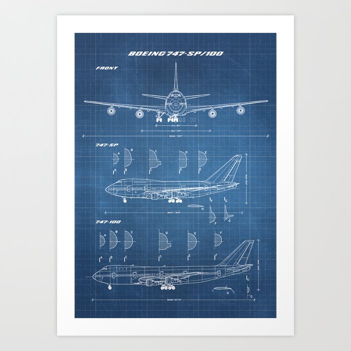 Boeing 747-SP and 747-100 Blueprint in High Resolution (light blue) Art Print