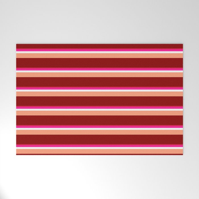 Crimson, Deep Pink, White, Light Salmon, and Dark Red Colored Lines Pattern Welcome Mat