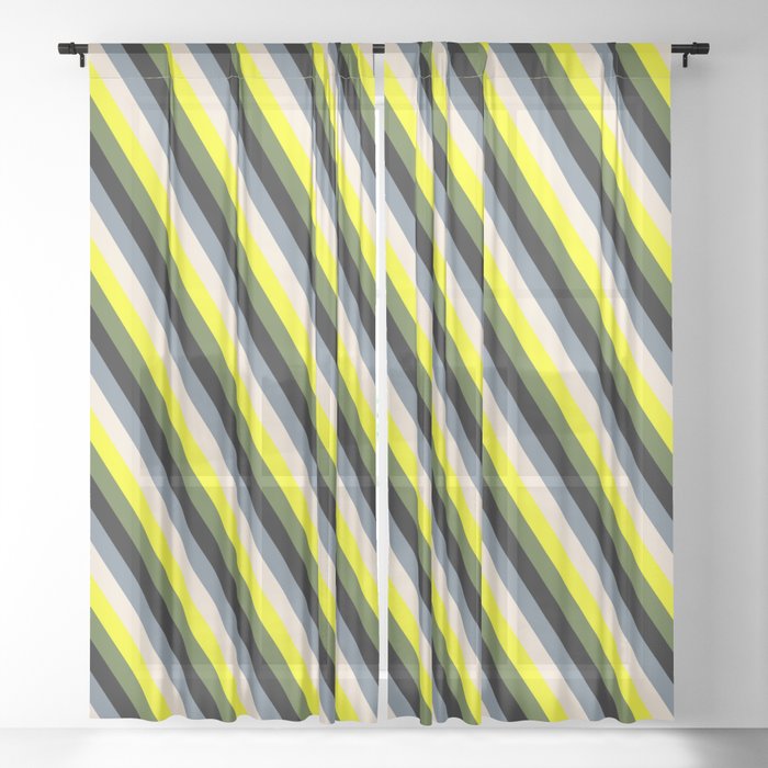 Eyecatching Yellow, Dark Olive Green, Black, Slate Gray, and Beige Colored Lined Pattern Sheer Curtain