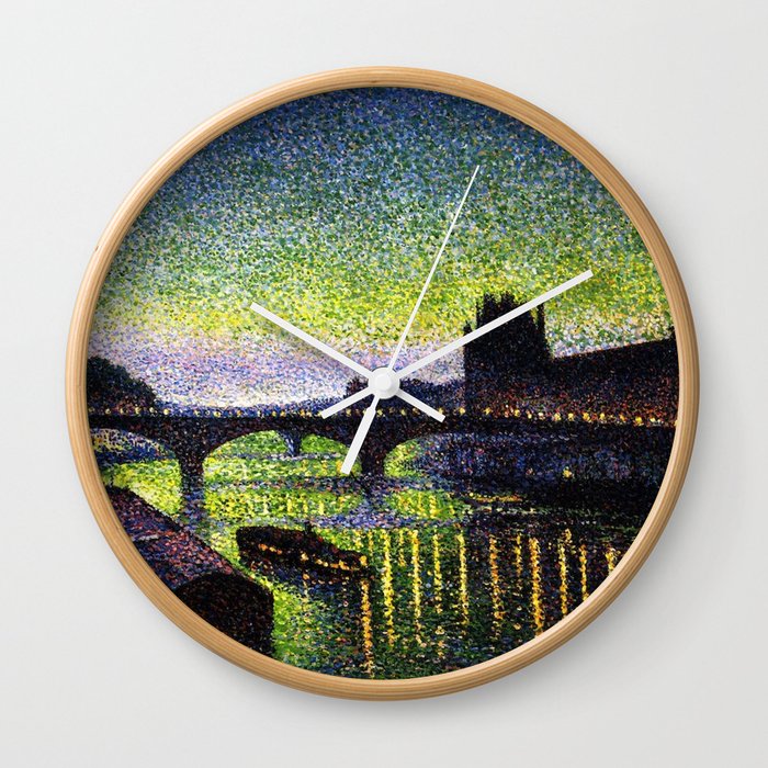The Louvre, Pont du Carrousel, River Seine, Paris green twilight cityscape painting by Maximilien Lu Wall Clock
