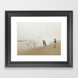 Chasing Seagulls -  Foggy Beach  Framed Art Print