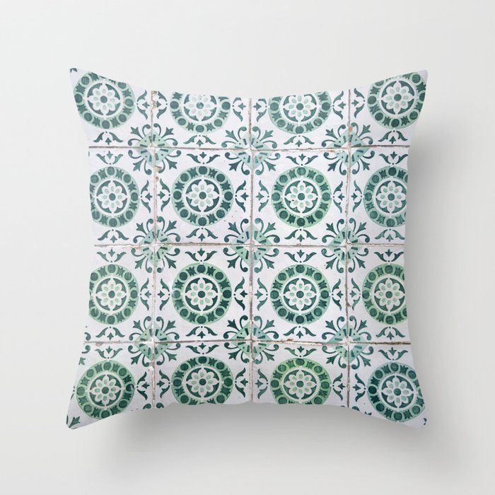 Vintage green azulejos in Alfama, Lisbon, Portugal - Tiles pattern street and travel photography Throw Pillow