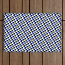 [ Thumbnail: Light Cyan, Blue, Cornflower Blue & Dark Goldenrod Colored Pattern of Stripes Outdoor Rug ]