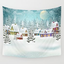 Village winter landscape with snow covered houses and christmas tree with decorations Wall Tapestry